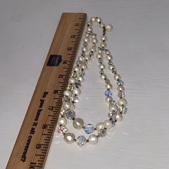 Vintage Signed Laguna Aurora Borealis Glass & Faux Pearl Bead 2 Strand Necklace - Picture 7 of 11